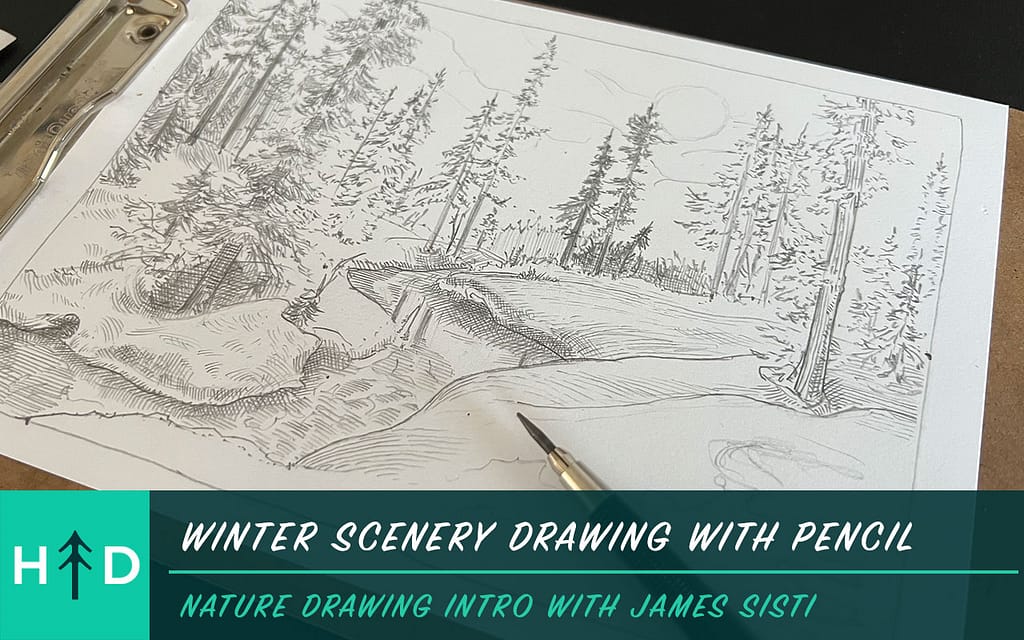 winter scenery drawing with pencil